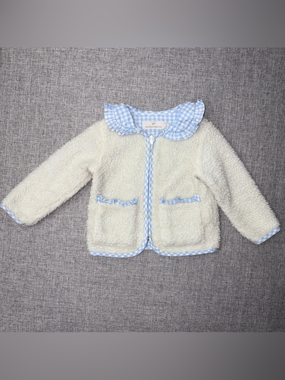 Sal & Pimenta Kids Cream Sherpa Jacket with Blue Gingham Trim